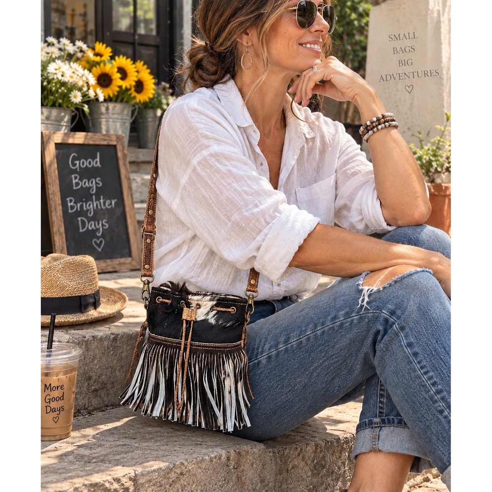 Myra Cowhide Crossbody Bucket Bag Small Black White Rodeo Cowgirl Fringe Western